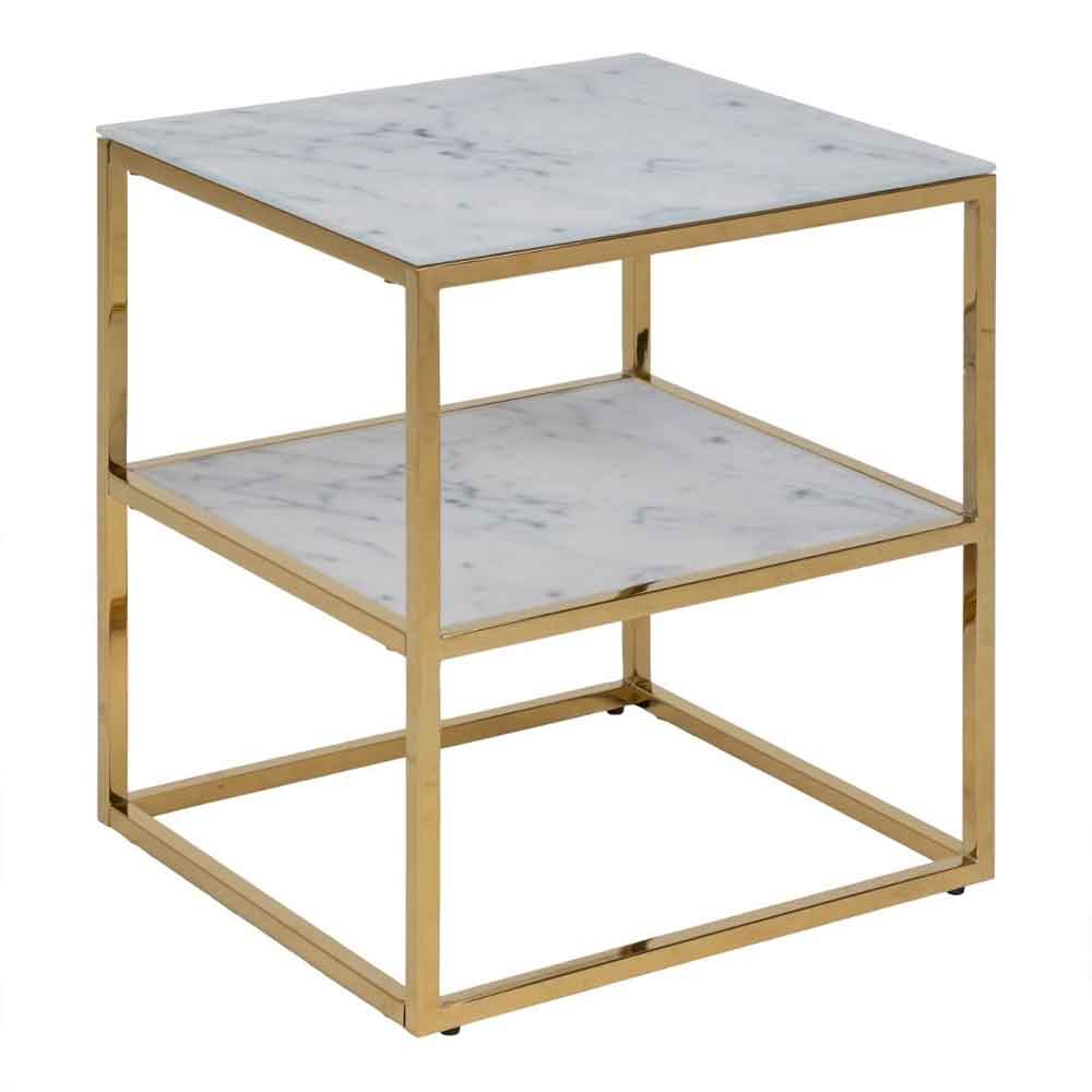 Allen White Marble Effect Glass Bedside Cabinet with Gold Base