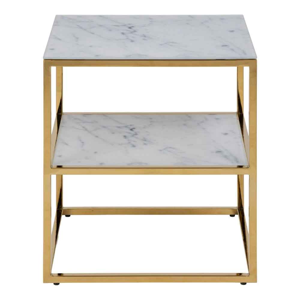 Allen White Marble Effect Glass Bedside Cabinet with Gold Base