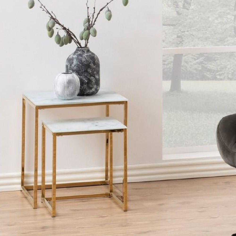 Read more about Allen white marble nesting table with glass top in gold
