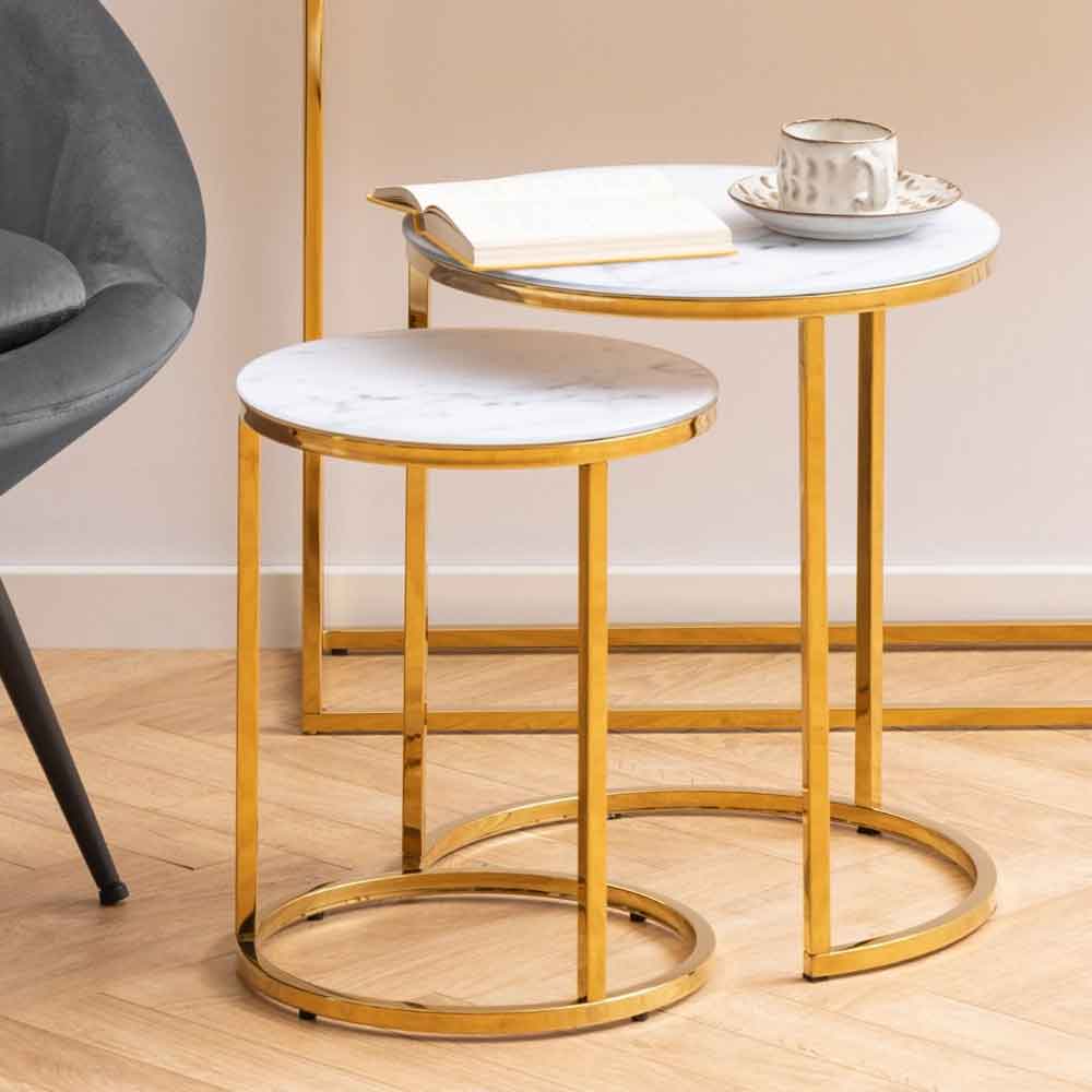 Allen White Marble Effect Glass Nest of 2 Tables with Gold Base