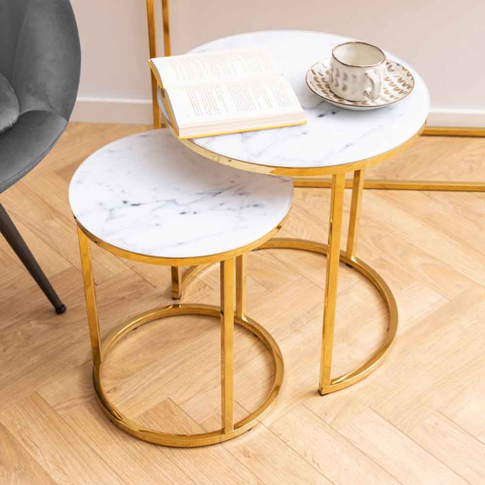 Allen White Marble Effect Glass Nest of 2 Tables with Gold Base