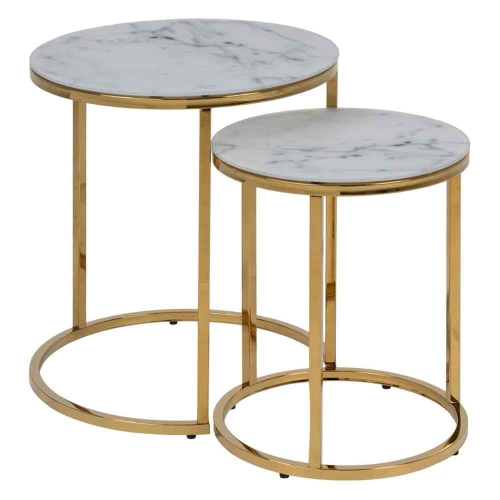 Allen White Marble Effect Glass Nest of 2 Tables with Gold Base