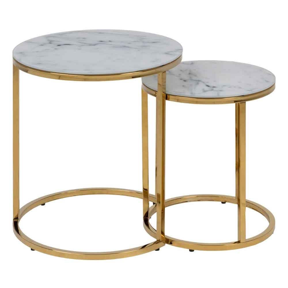 Allen White Marble Effect Glass Nest of 2 Tables with Gold Base