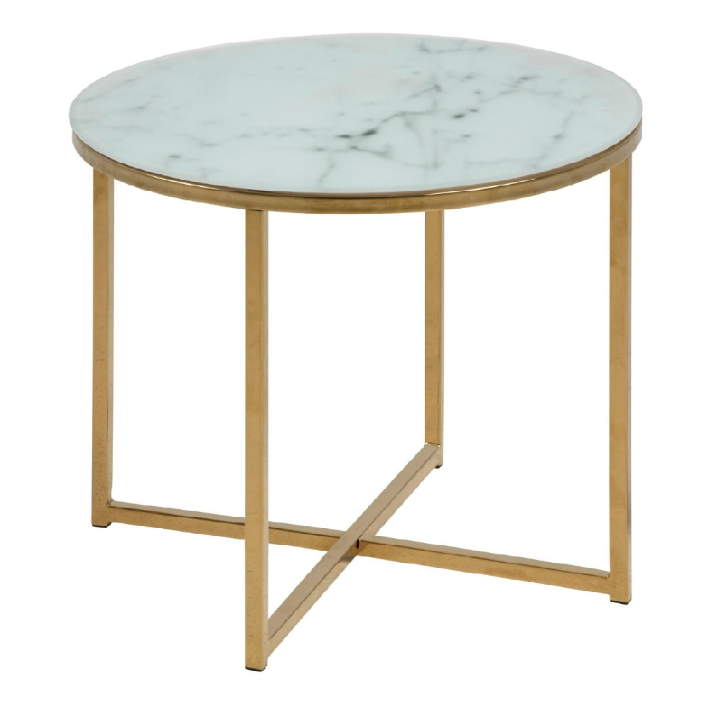 Allen White Marble Side Table With Glass Top In Gold