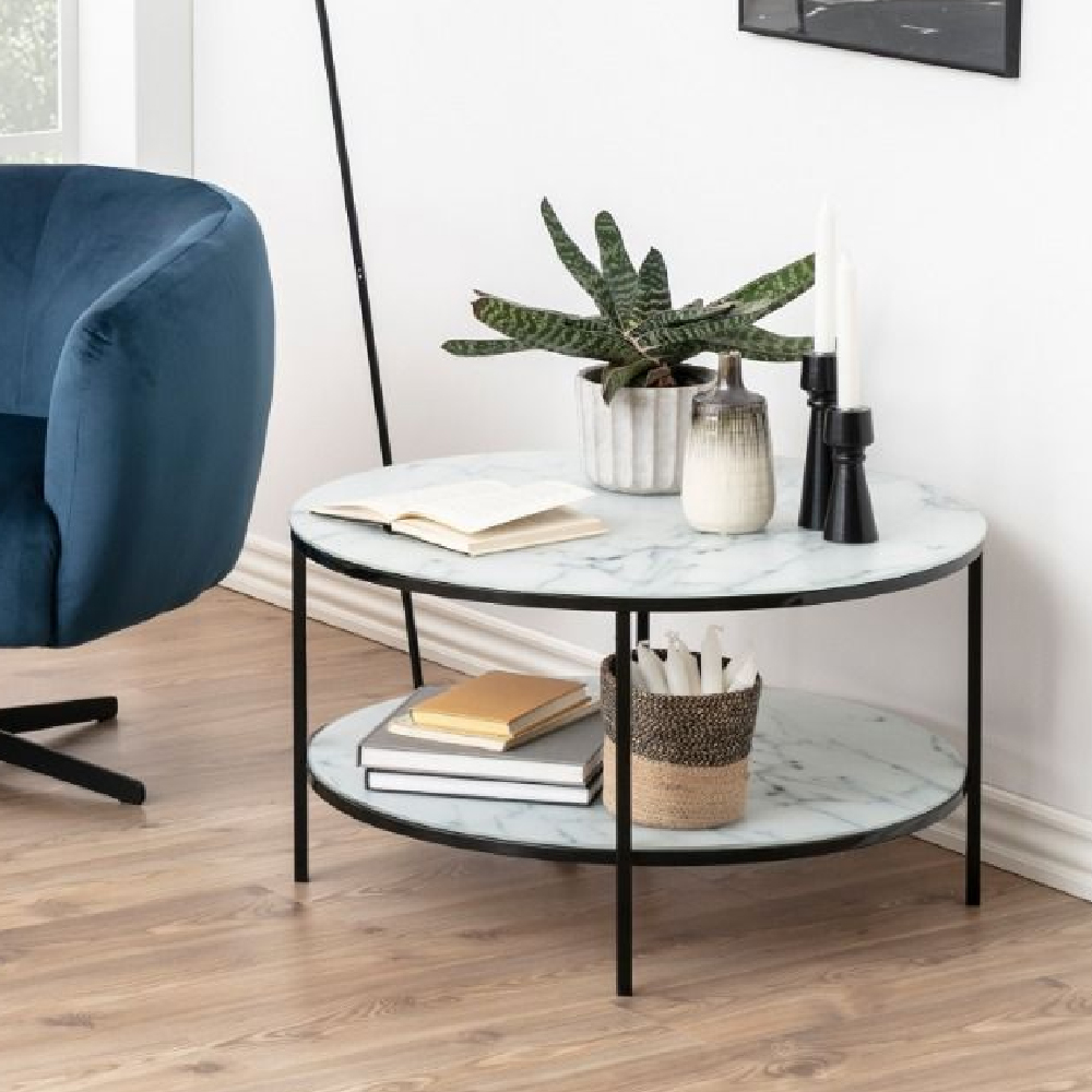 Read more about Allen white marble glass coffee table with black metal frame