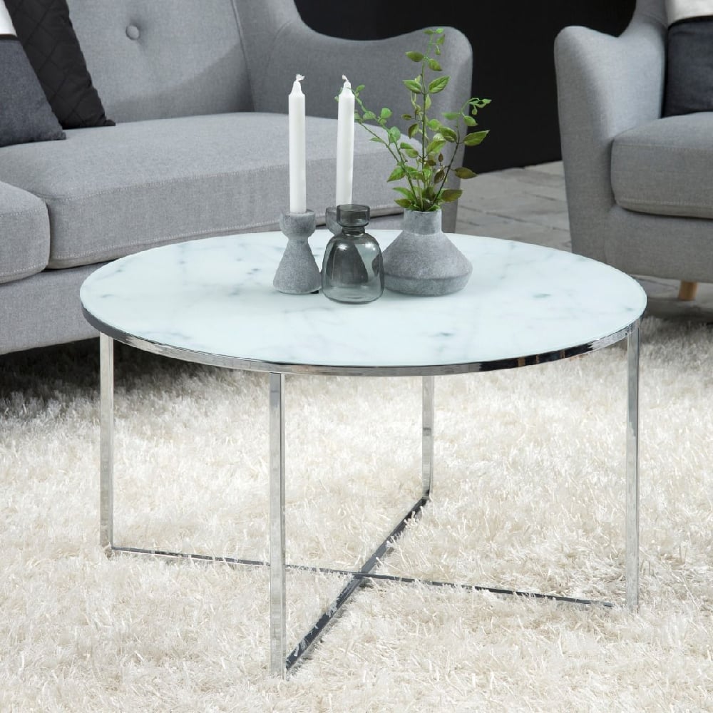 Read more about Allen white marble glass coffee table with silver frame
