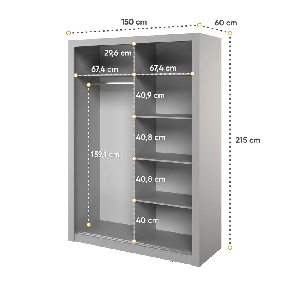 Allen Wooden Wardrobe With 2 Mirrored Sliding Doors In Grey