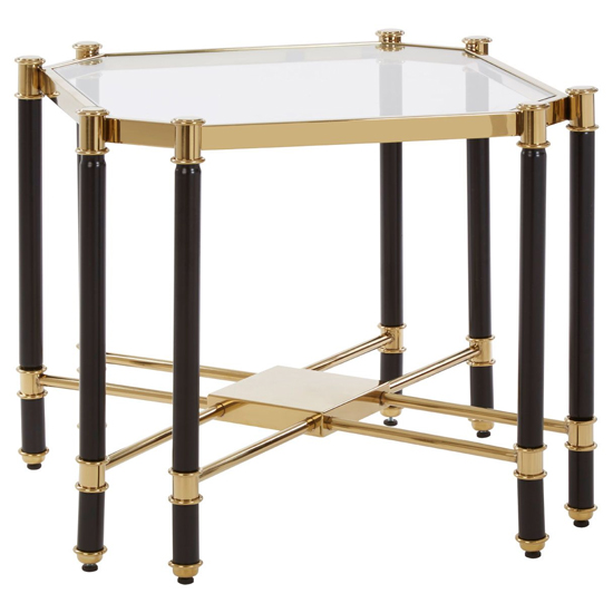 Photo of Allessa clear glass end table with black and gold frame