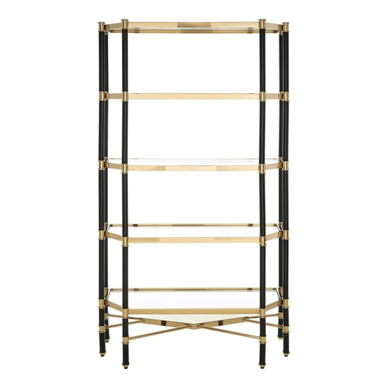 Product photograph of Allessa Clear Glass Shelving Unit With Black And Gold Frame from Furniture in Fashion