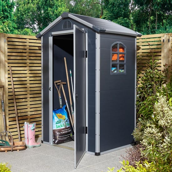 Photo of Alloya plastic 4x3 apex shed in dark grey