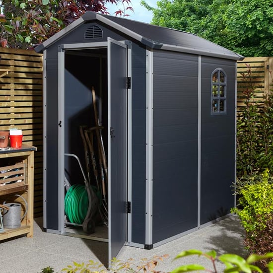 Photo of Alloya plastic 4x6 apex shed in dark grey