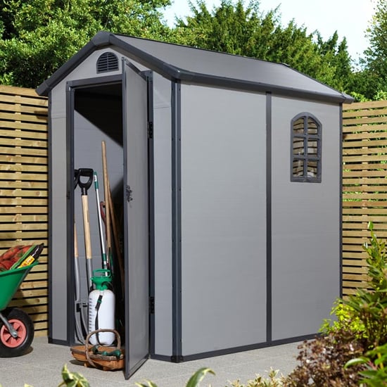 Photo of Alloya plastic 4x6 apex shed in light grey