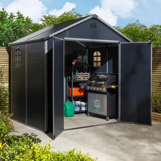 Photo of Alloya plastic 8x6 apex shed in dark grey