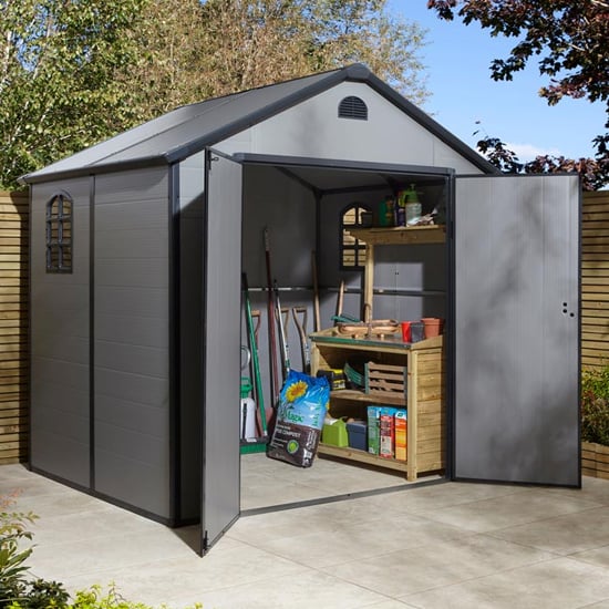 Photo of Alloya plastic 8x6 apex shed in light grey