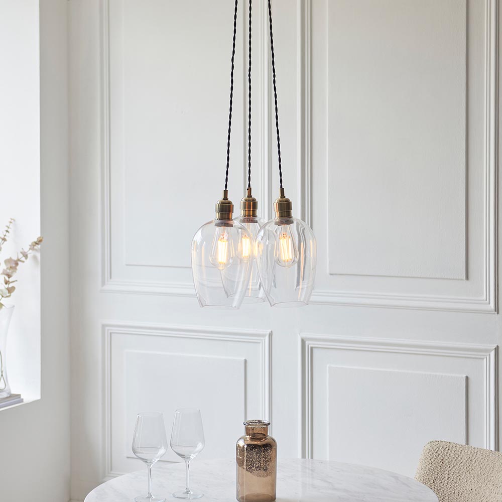 Allston 3 Clear Glass Pendant Ceiling Light In Antique Brass