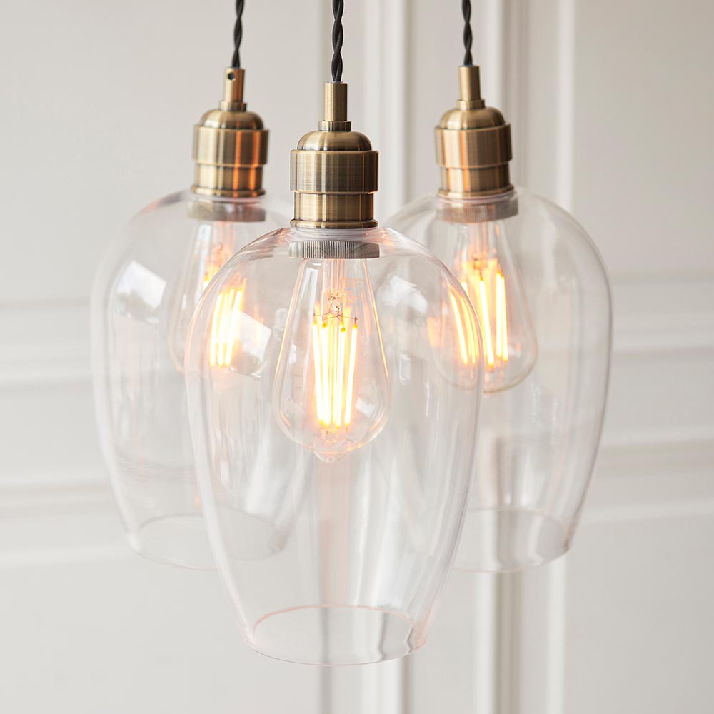 Allston 3 Clear Glass Pendant Ceiling Light In Antique Brass