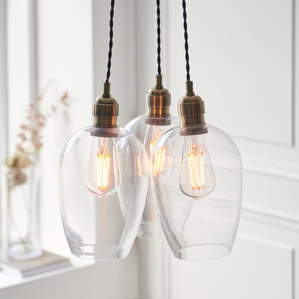 Allston 3 Clear Glass Pendant Ceiling Light In Antique Brass