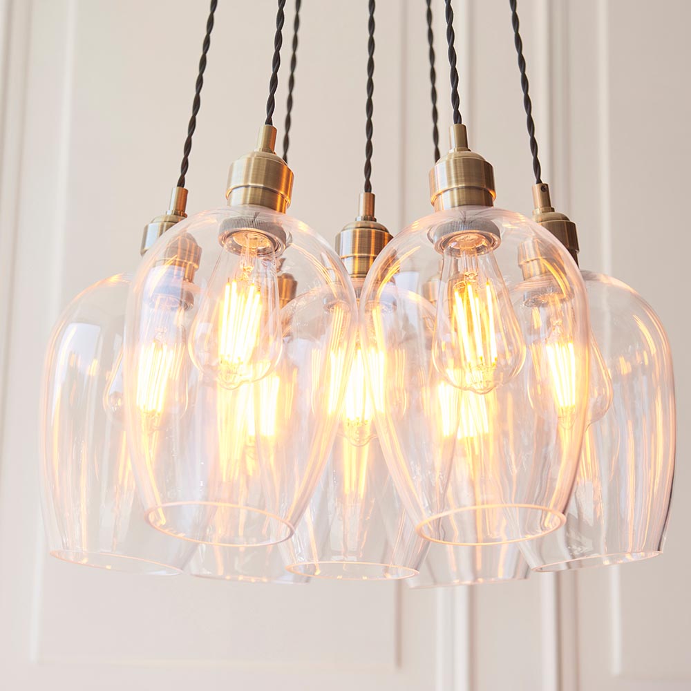 Allston 7 Clear Glass Pendant Ceiling Light In Antique Brass