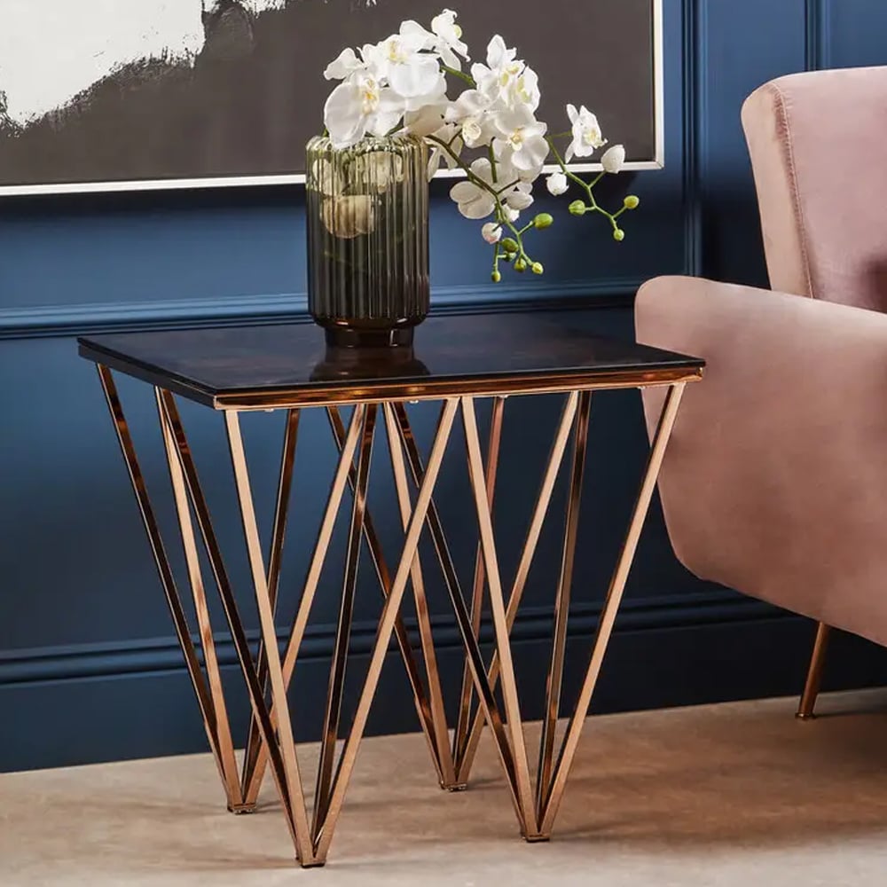 Allston Amber Glass End Table With Prismatic Rose Gold Frame