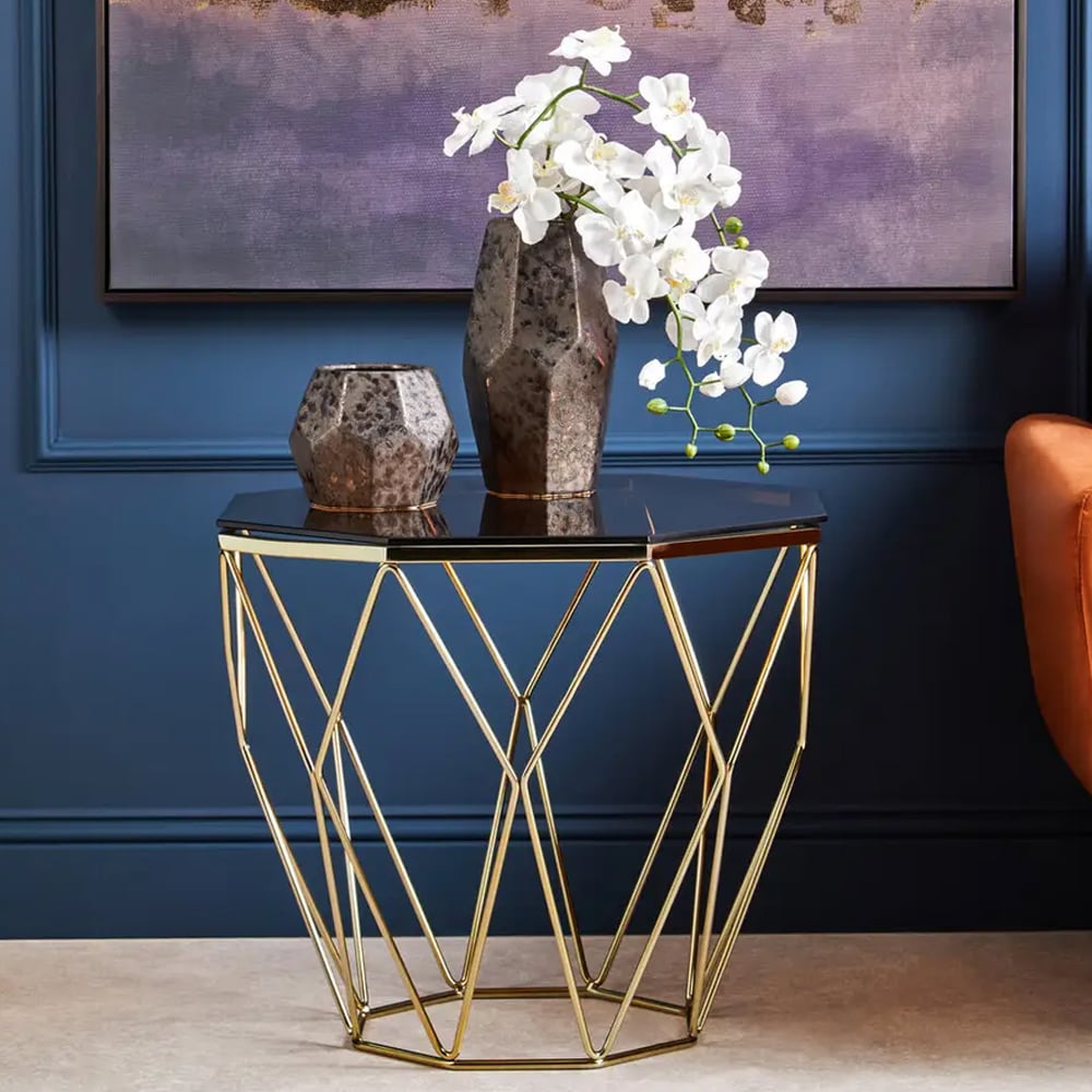 Allston Amber Glass Polygonal End Table With Bronze Frame