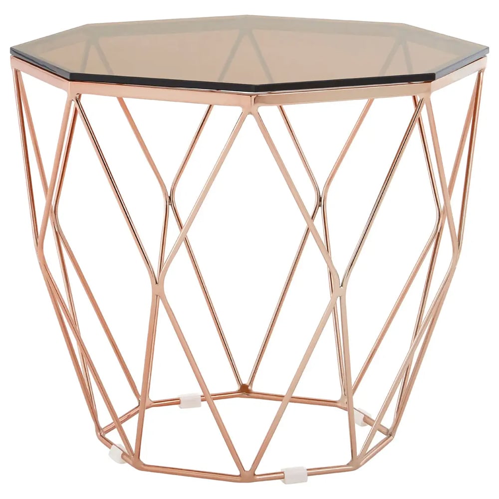 Allston Amber Glass Polygonal End Table With Rose Gold Frame