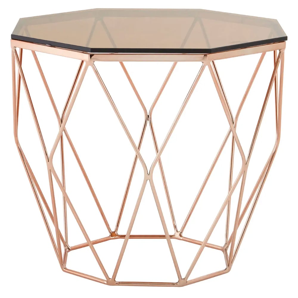 Allston Amber Glass Polygonal End Table With Rose Gold Frame