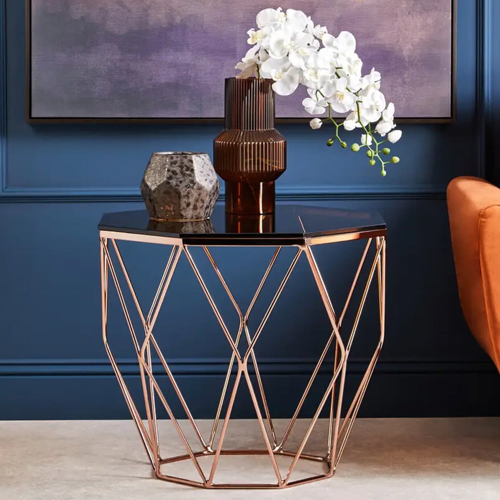 Allston Amber Glass Polygonal End Table With Rose Gold Frame