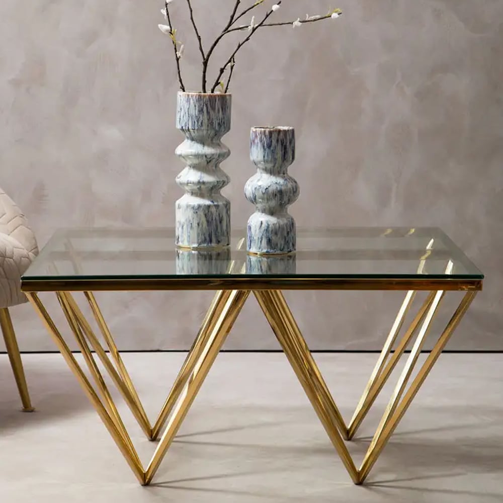 Allston Clear Glass Square Coffee Table With Prismatic Gold Frame