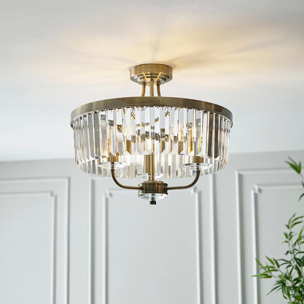 Allston Faceted Glass Semi Flush Ceiling Light In Antique Brass