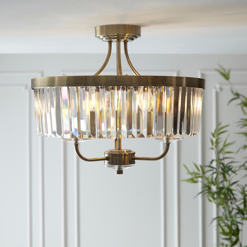 Allston Faceted Glass Semi Flush Ceiling Light In Antique Brass