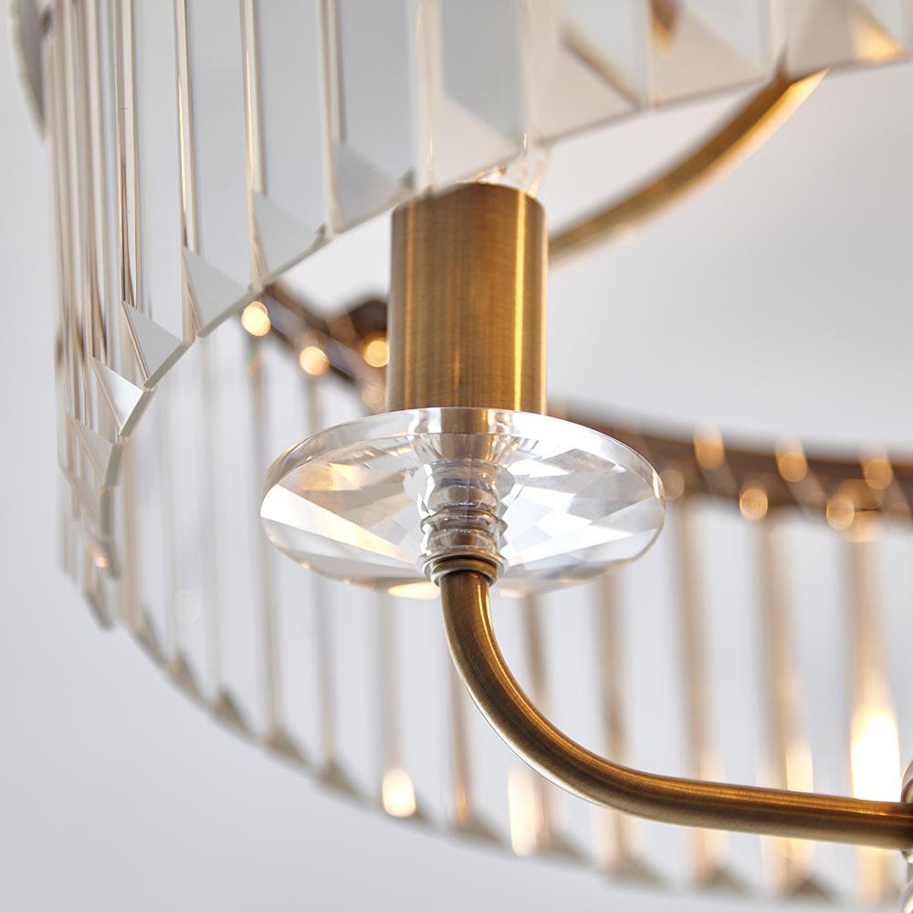 Allston Faceted Glass Semi Flush Ceiling Light In Antique Brass