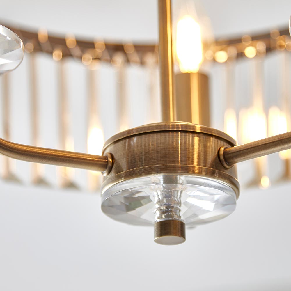 Allston Faceted Glass Semi Flush Ceiling Light In Antique Brass