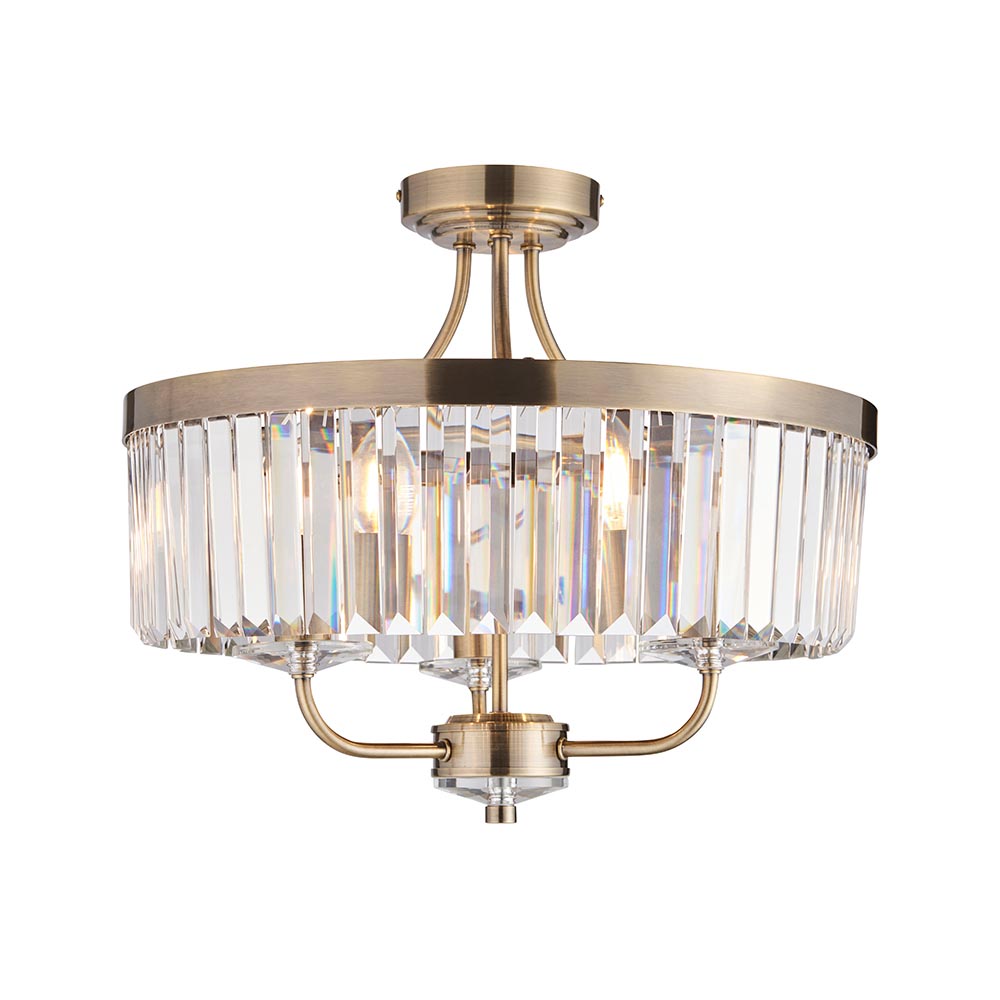Allston Faceted Glass Semi Flush Ceiling Light In Antique Brass