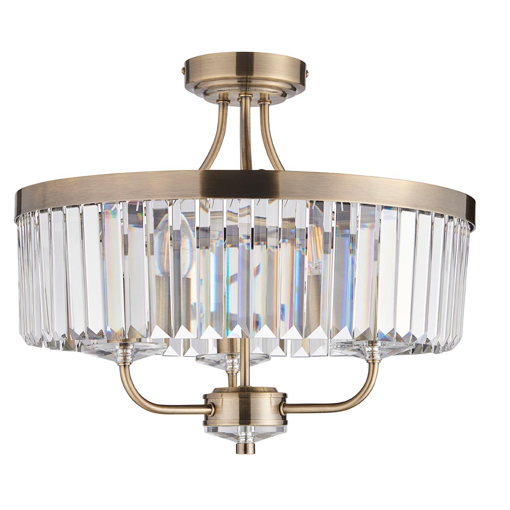 Allston Faceted Glass Semi Flush Ceiling Light In Antique Brass