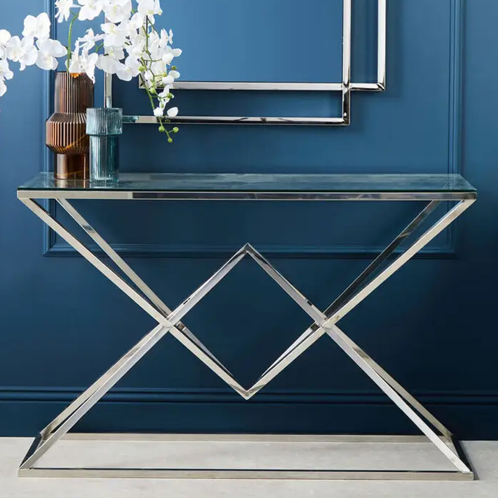 Allston Glass Console Table With Corseted Silver Frame