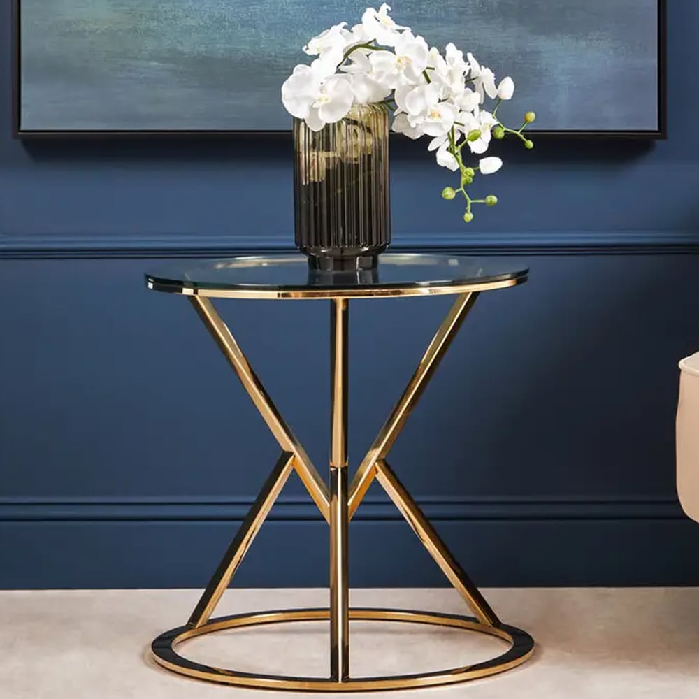 Allston Glass Round End Table With Corseted Champagne Frame