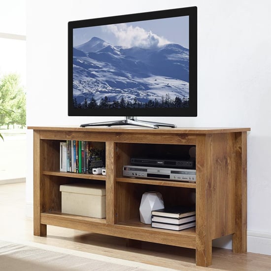 Photo of Allston reclaimed wood tv stand with 2 shelves in natural