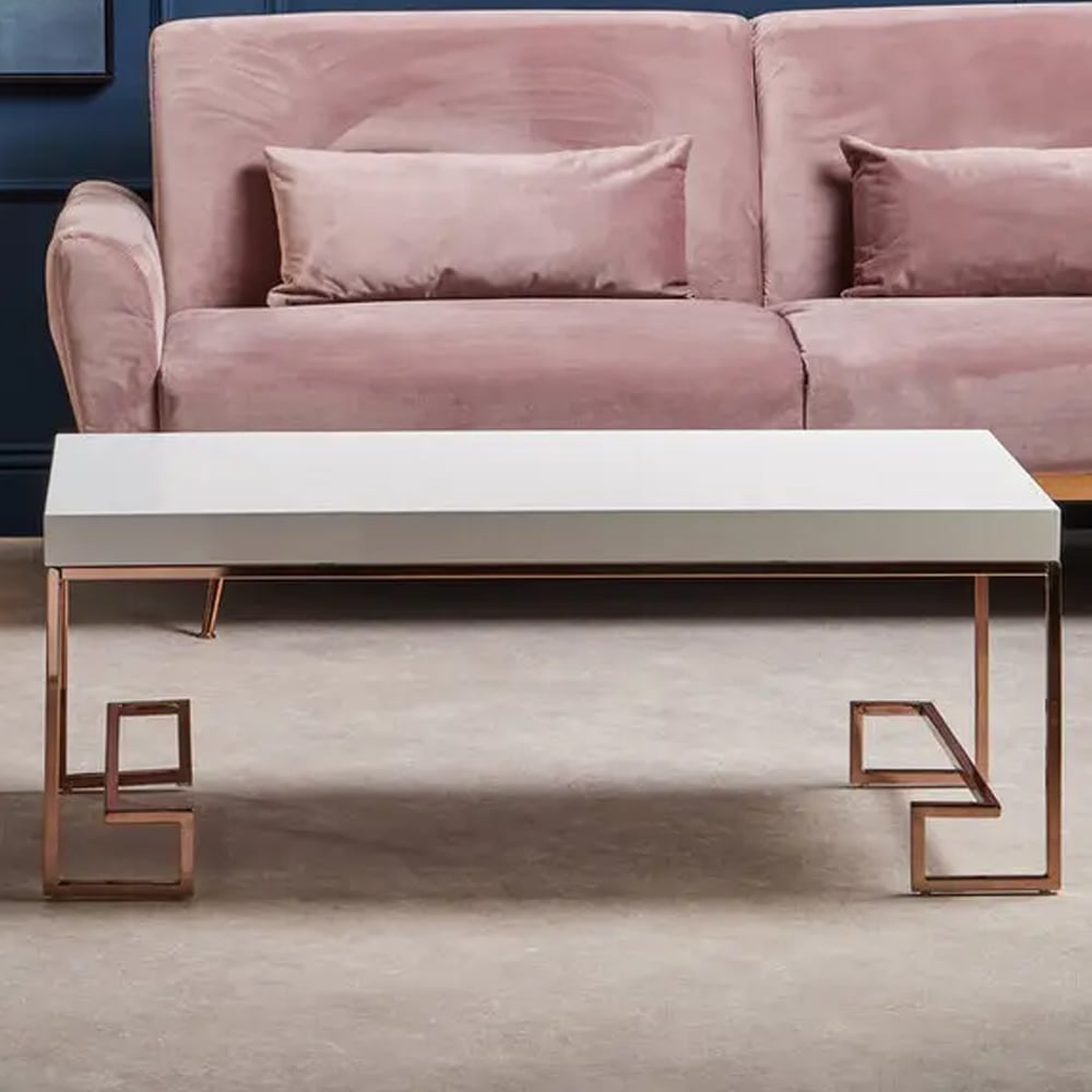Allston White High Gloss Coffee Table With Rose Gold Frame