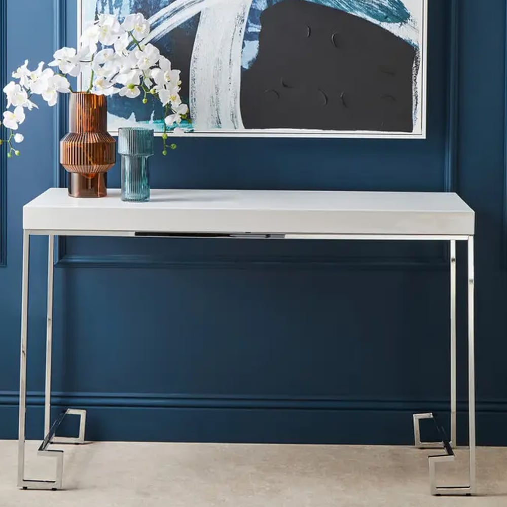 Allston White High Gloss Console Table With Chrome Frame