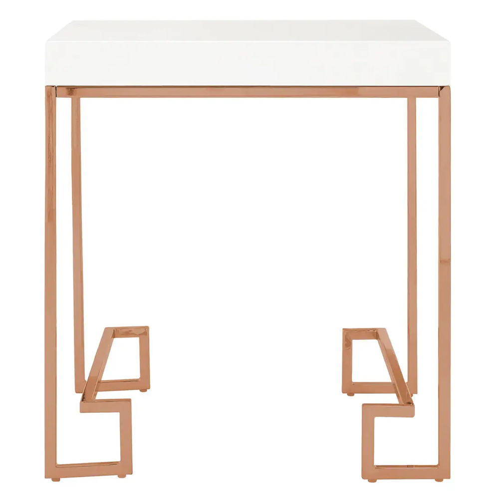 Allston White High Gloss End Table With Rose Gold Frame