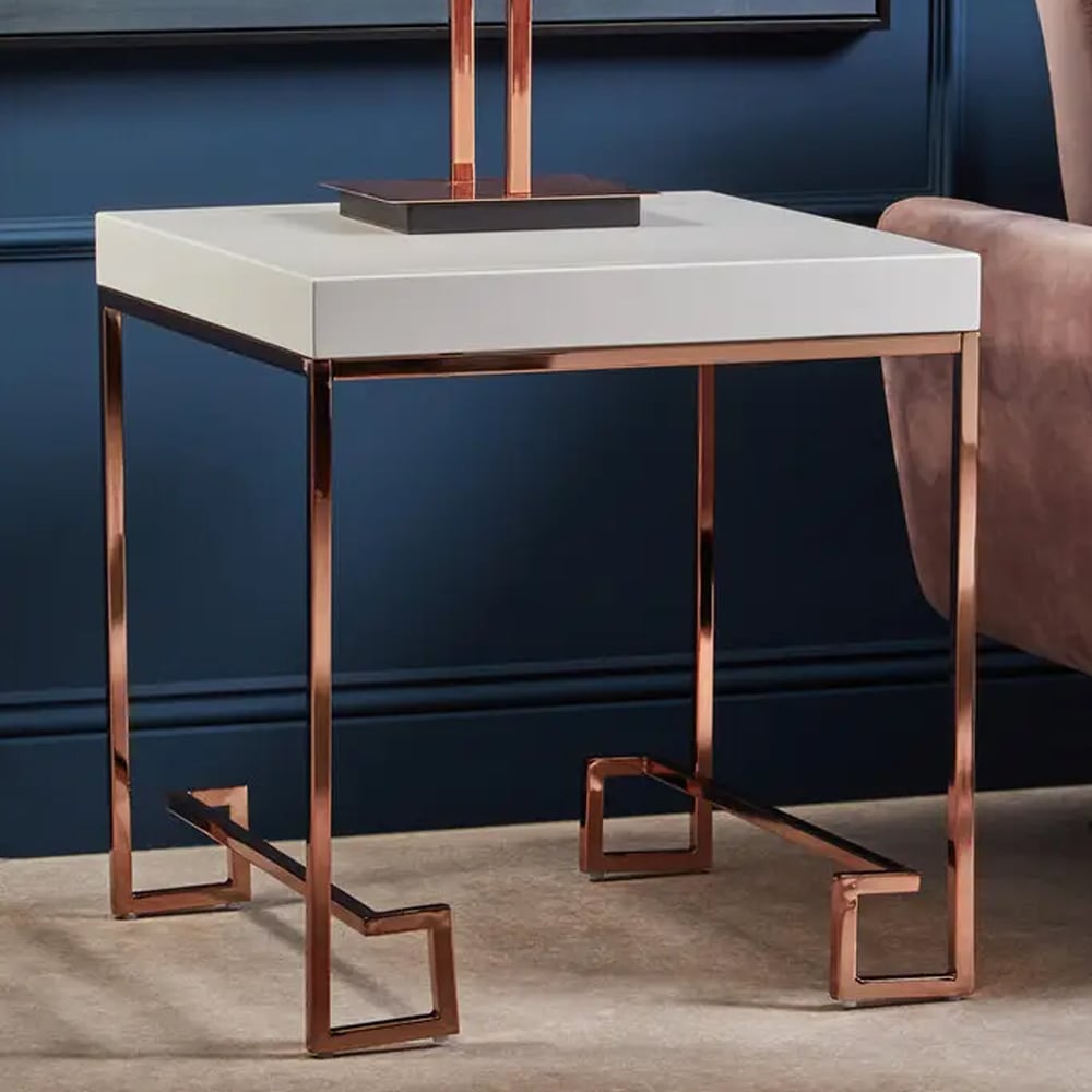 Allston White High Gloss End Table With Rose Gold Frame