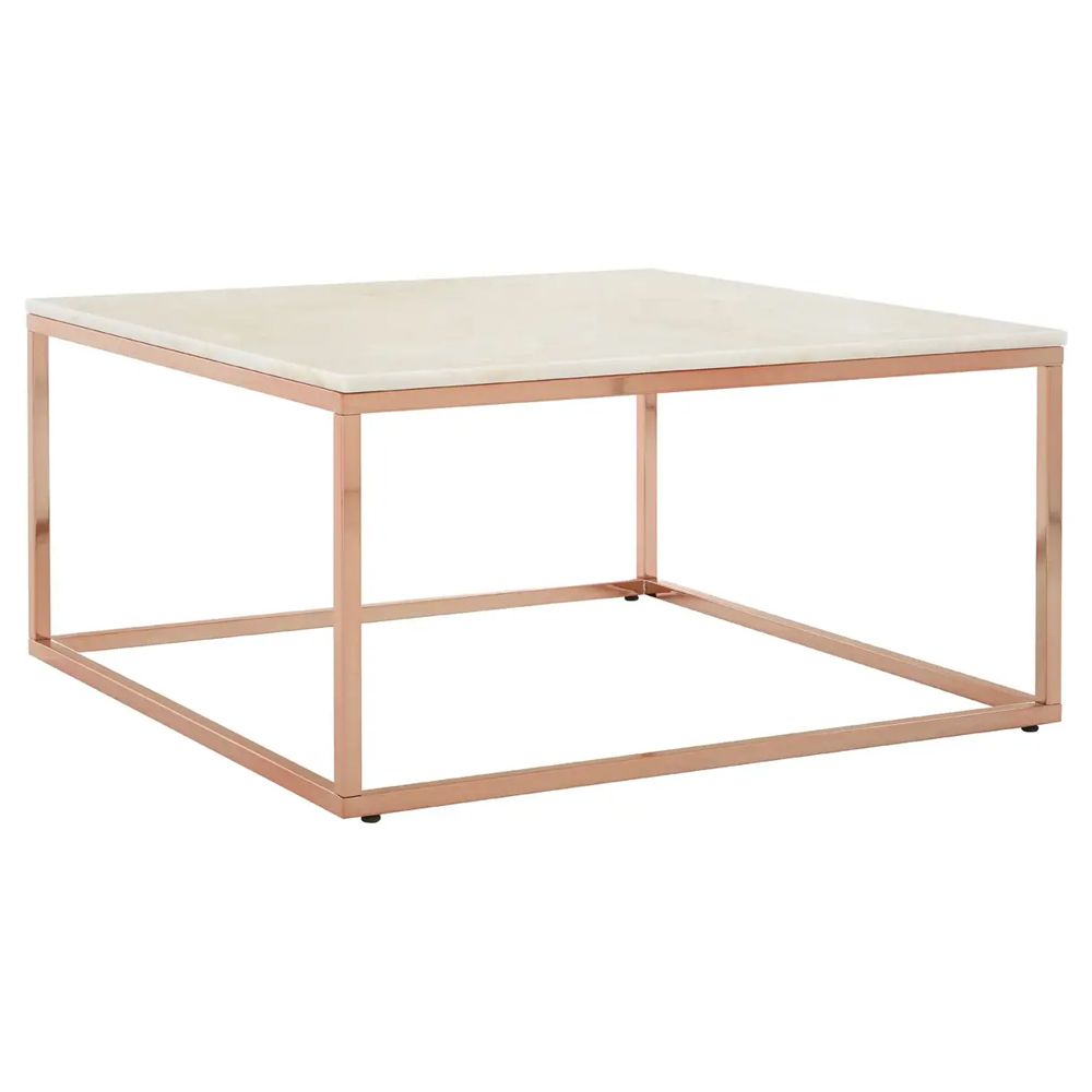 Allston White Marble Square Coffee Table With Rose Gold Frame