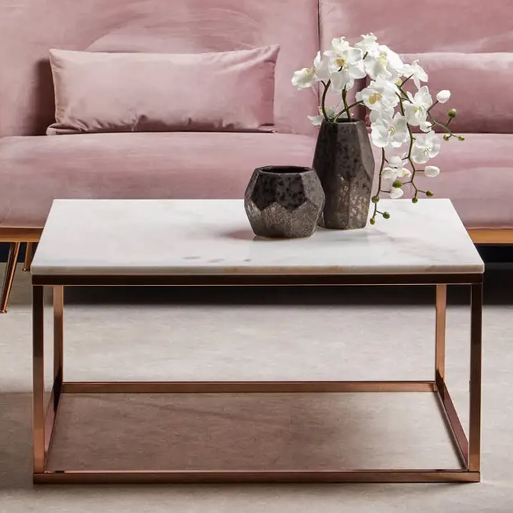 Allston White Marble Square Coffee Table With Rose Gold Frame