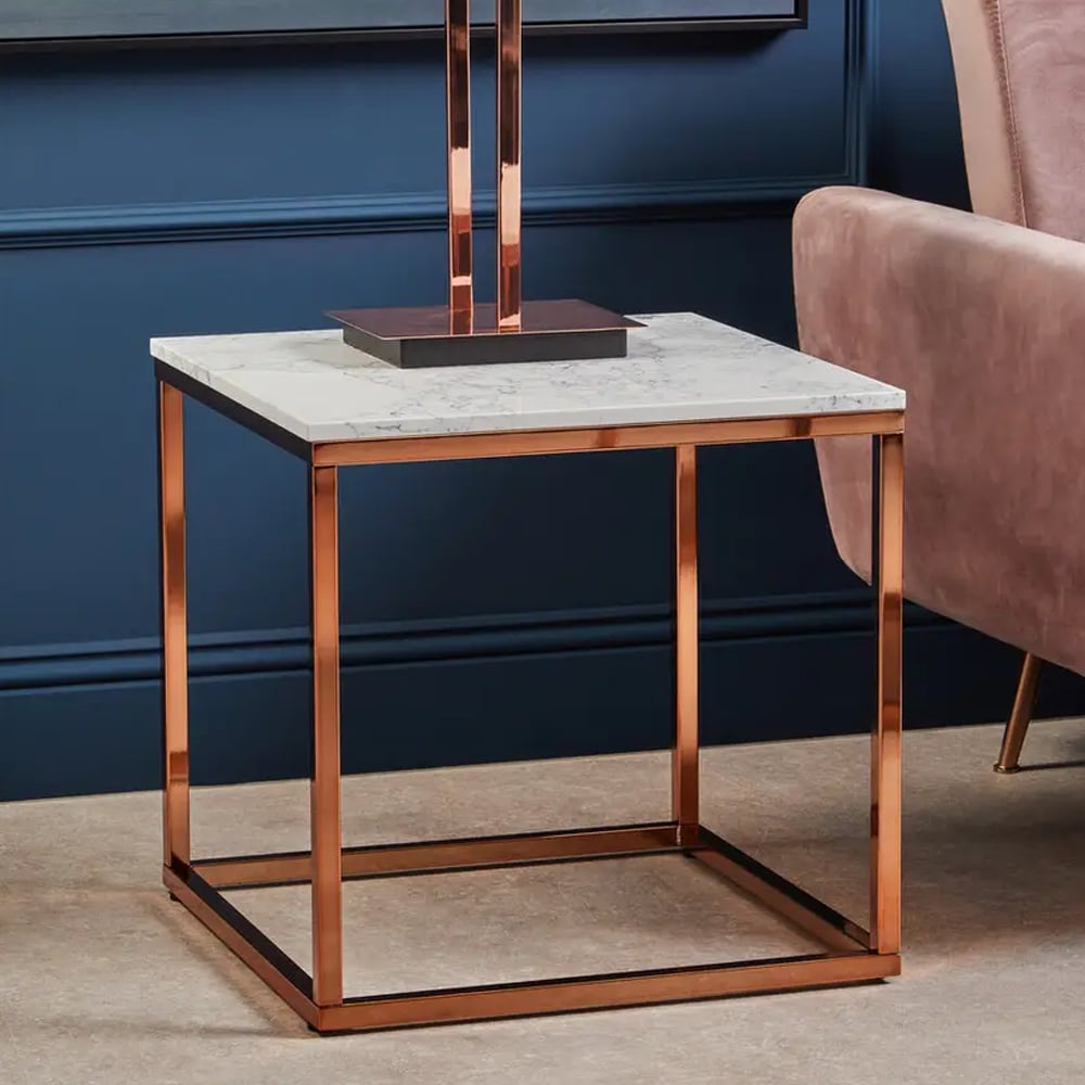 Allston White Marble Square End Table With Rose Gold Frame