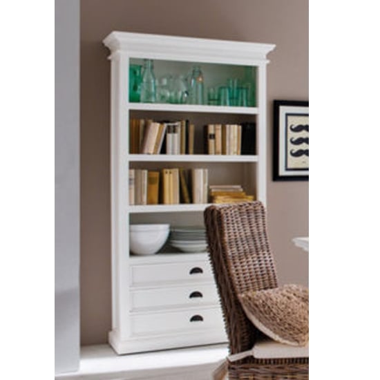 Photo of Allthorp wooden bookcase in classic white with 3 drawers