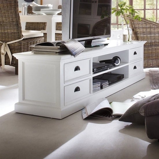 View Allthorp solid wood tv stand large in white with 4 drawers