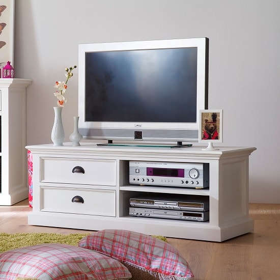 Photo of Allthorp solid wood tv stand in white with 2 drawers