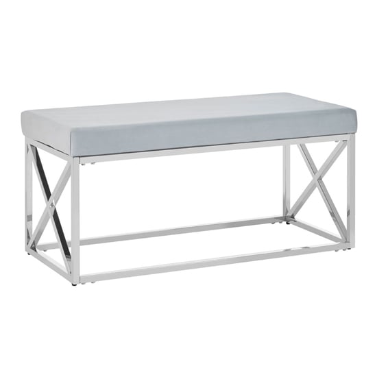 Photo of Alluras blue velvet dining bench with silver cross frame