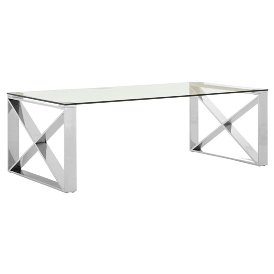 Photo of Alluras clear glass coffee table with silver cross frame