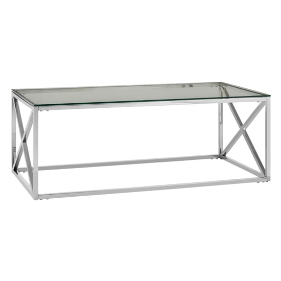 Photo of Alluras clear glass coffee table with silver cross steel frame